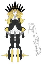 1girl black_crown black_rock_shooter blonde_hair chariot_(black_rock_shooter) claws concept_art crown dress highres huke long_hair mechanical_legs official_art production_art simple_background skeletal_hand solo wheel wheeled_leg(s) white_background yellow_eyes