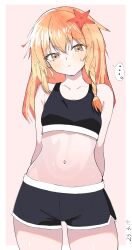 ... 1girl absurdres arms_behind_back azusa_(cookie) black_shorts black_sports_bra blush breasts closed_mouth commentary_request cookie_(touhou) cowboy_shot dated dolphin_shorts hair_ornament highres kirisame_marisa long_hair looking_at_viewer midriff navel orange_eyes orange_hair pink_background red_star shorts sihat_13 simple_background small_breasts smile solo spoken_ellipsis sports_bra star_(symbol) star_hair_ornament touhou two-tone_background white_background