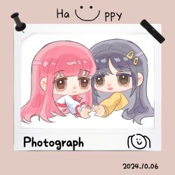 2girls artist_self-insert black_hair bloom_poetry_(shining_nikki) blunt_bangs bow bowtie brown_eyes chinese_commentary closed_mouth commentary_request cropped_torso dated dot_nose dress frilled_sleeves frills hair_ornament hair_spread_out hairclip heads_together heart heart_hands heart_hands_duo highres long_hair long_sleeves looking_at_viewer multiple_girls nikki_(nikki) nikki_(series) oc_x_canon open_mouth original parted_bangs photo_(object) pinafore_dress pink_dress pink_hair qingxu red_bow red_bowtie shining_nikki shirt sleeveless sleeveless_dress smile straight_hair tareme thumbtack very_long_hair white_shirt yellow_shirt yuri