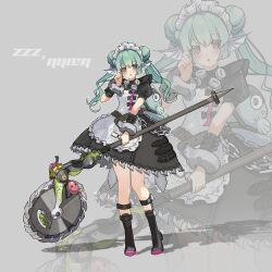 1girl :o absurdres aqua_hair bealouis_illu blush circular_saw copyright_name corin_wickes corin_wickes_(cosplay) cosplay cuffs double_bun finana_ryugu fins full_body grey_background hair_bun head_fins highres holding holding_weapon looking_at_viewer maid maid_headdress nijisanji nijisanji_en purple_eyes ryuguard_(finana_ryugu) saw shackles twintails virtual_youtuber weapon zenless_zone_zero zoom_layer