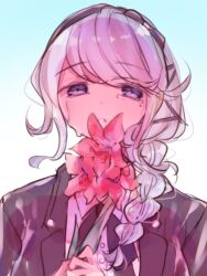 1girl black_bow blue_eyes bow braid braided_ponytail crying eyebrows female_focus flower hair_bow headband highres kirifuji_nozomi looking_at_viewer open_mouth simple_background tears the_hundred_line_-last_defense_academy- white_background white_hair