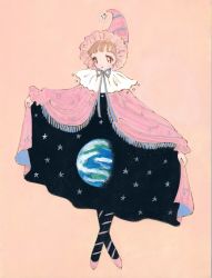 1girl blonde_hair blue_ribbon blush brown_eyes cape comcomblue crescent earth_(planet) full_body hat highres jupiter_symbol long_sleeves mars_symbol mercury_symbol neptune_symbol original pink_background pink_cape pink_hat pink_shoes planet pluto_symbol print_cape ribbon saturn_symbol shoes simple_background smile solo standing star_(symbol) uranus_symbol