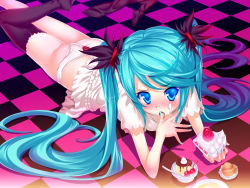 1girl aqua_hair aqua_nails ass black_thighhighs blue_eyes cake checkered_floor female_focus floor food food_on_face hatsune_miku hisasi licking licking_finger long_hair lying nail_polish on_stomach panties pastry pudding single_thighhigh solo thighhighs thighs underwear vocaloid white_panties world_is_mine_(vocaloid) yamaha