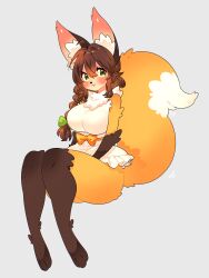 1girl :3 animal_ear_fluff animal_ears animal_feet animal_hands animal_nose apron blush bow braid breasts brown_fur brown_hair fox_ears fox_girl fox_tail full_body furry furry_female green_bow green_eyes grey_background hair_between_eyes hair_bow highres large_breasts long_hair looking_to_the_side multicolored_fur navel neck_fur orange_bow orange_fur original simple_background single_braid sitting smile solo tail thick_thighs thighs toconikky white_apron white_fur