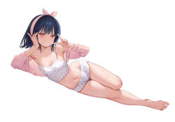 1girl bare_shoulders barefoot black_hair blush bra breasts cleavage closed_mouth collarbone commentary_request elbow_rest food-themed_clothes food_print fruit_print full_body hair_ribbon hand_on_own_cheek hand_on_own_face head_rest ichigo_(mignon) lingerie looking_at_viewer lying mignon navel on_side original panties print_bra print_panties red_eyes ribbon short_hair simple_background small_breasts solo stomach strawberry_bra strawberry_panties strawberry_print thighs toes underwear v white_background white_bra white_panties