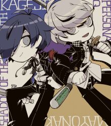 Rule 34 | 2boys, absurdres, akekawa1536, arm up, armband, belt, belt buckle, black jacket, black necktie, black pants, blue hair, buckle, clenched hand, closed mouth, collared jacket, collared shirt, digital media player, eyelashes, feet out of frame, gekkoukan high school uniform, grey eyes, hair between eyes, hair over one eye, highres, holding, holding sword, holding weapon, houndstooth, jacket, locked arms, long sleeves, looking at another, looking to the side, lower eyelashes only, male focus, multiple boys, narukami yu, necktie, one eye covered, open clothes, open collar, open jacket, open mouth, pants, persona, persona 3, persona 4, red armband, ringed eyes, school uniform, shirt, shirt tucked in, sideways glance, smile, sword, weapon, white shirt, wing collar, yasogami school uniform, yuuki makoto (persona 3)