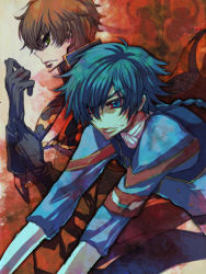 2boys blue_eyes blue_hair braid brown_hair code_geass code_geass:_boukoku_no_akito geass gloves green_eyes hyakutaroh hyuuga_akito kururugi_suzaku multiple_boys short_hair