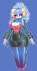 1girl absurdres ariem_(sonic) blue_hair breasts cleavage curvy eyeshadow female_focus full_body furry furry_female highres horns jamoart jewelry large_breasts long_hair looking_at_viewer makeup moon necklace purple_eyes secretary simple_background solo sonic_(series) sonic_dream_team thick_thighs thighs wide_hips