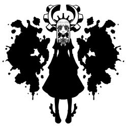 1girl deus_ex_maki-chan dress full_body high_contrast highres horns inkblot_test long_hair mechanical_horns monochrome nazo_no_diaboro open_mouth original ringed_eyes smile solo staring wide-eyed