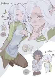 2girls bags_under_eyes black_eyes black_hair blue_eyes blush boots braid curly_hair dark-skinned_female dark_skin dungeon_meshi elf fairy_(dungeon_meshi) gloves gorget grey_eyes grey_hair half_up_braid heart highres kabru long_sleeves medium_hair milsiril_(dungeon_meshi) mithrun mithrun_(young) multiple_girls notched_ear pointy_ears shirt short_hair shuiyemusan smile speech_bubble spoken_heart thigh_boots thought_bubble tunic