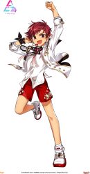 1boy absurdres arm_up bare_legs black_bow black_ribbon blazer bow buttons collared_jacket colored_shoe_soles company_name copyright_name copyright_notice diamond_button dot_nose elsword elsword_(character) fist_pump floating_clothes full_body game_cg gold_ring hand_in_own_hair happy headset highres hwansang idol jacket jewelry knees lapels leg_up light_blush logo long_sleeves looking_at_viewer male_focus multiple_rings neck_ribbon notched_lapels official_alternate_costume official_art open_clothes open_jacket open_mouth red_brooch red_eyes red_hair red_ribbon red_shorts ribbon ring second-party_source shirt shoes short_hair shorts sleeve_cuffs smile sneakers socks solo sweatdrop swept_bangs three-quarter_sleeves transparent_background white_jacket white_shirt white_shoes white_socks wrist_bow wristband