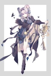 1girl absurdres alternate_costume alternate_hairstyle animal_ears arknights black_butterfly black_headband blue_dress boots breasts bug butterfly cape chinese_clothes choker dress eyelashes full_body fur-trimmed_cape fur_trim grey_background hair_up hand_up headband highres holding holding_lantern insect knee_boots lantern light_frown lin_(arknights) looking_at_viewer medium_breasts mouse_ears mouse_girl puffy_sleeves purple_boots purple_choker purple_eyes qianqianjie shoulder_peek sidelocks simple_background solo sparkle tassel white_background