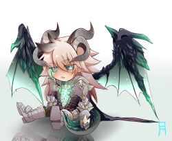 Rule 34 | 1boy, ahoge, armor, cape, chibi, chibi only, dragon horns, dragon tail, fate/apocrypha, fate/grand order, fate (series), green eyes, highres, horns, long hair, male focus, nibelungenlied, open mouth, reflection, ririsuyuru, scar, siegfried (fate), siegfried (third ascension) (fate), solo, tail, weapon, white hair