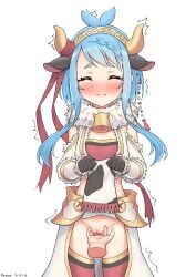 Rule 34 | 1girl, absurdres, animal ears, animal print, bell, blue hair, blush, cleft of venus, closed eyes, cow ears, cow print, cowbell, fingering, flat chest, headband, highres, lifting own clothes, mahiru (princess connect!), mahiru (ranger) (princess connect!), panties, princess connect!, pussy, pussy juice, ruinone, star-shaped pupils, star (symbol), symbol-shaped pupils, underwear