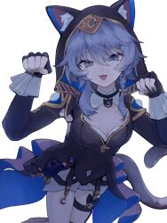 Rule 34 | 1girl, animal ear fluff, animal ears, animal hood, black gloves, black leotard, blue eyes, breasts, cat ears, cat girl, cat hood, cat tail, cipher (honkai: star rail), cleavage, commentary request, fingerless gloves, gloves, grey hair, highres, honkai: star rail, honkai (series), hood, hooded leotard, leotard, looking at viewer, medium breasts, mole, mole on breast, open mouth, rl9630, short hair with long locks, simple background, solo, tail, thighs, white background