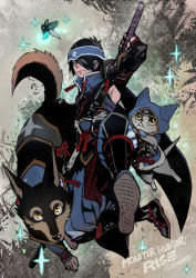 1boy animal armor black_hair canyne cat dog felyne gloves hair_between_eyes hair_ornament headband holding japanese_clothes kamura_(armor) looking_at_viewer monster_hunter_(series) monster_hunter_rise shiroton_(kazamineko) short_hair simple_background smile weapon