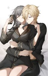 1boy 1girl absurdres alternate_costume arms_around_waist aventurine_(honkai:_star_rail) black_pajamas black_pants black_shirt blonde_hair breasts buttons cellphone chuideng closed_mouth collarbone collared_shirt commentary_request couple gold_trim grey_hair half-closed_eyes hands_up hetero highres holding holding_phone honkai:_star_rail honkai_(series) hug hug_from_behind large_breasts long_hair long_sleeves looking_at_phone matching_outfits neck_tattoo no_pants one_eye_closed pajamas pants parted_lips phone purple_eyes shirt short_hair sitting sitting_on_lap sitting_on_person sleepy smartphone squeans stelle_(honkai:_star_rail) tattoo trailblazer_(honkai:_star_rail) white_background yellow_eyes