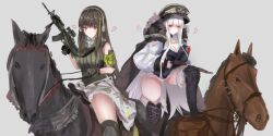 2girls absurdres armband assault_rifle clothes_around_waist girls&#039;_frontline gun hat headphones highres holding holding_gun holding_weapon horse horseback_riding jacket jacket_around_waist kar98k_(girls&#039;_frontline) leash long_hair looking_at_viewer m4_carbine m4a1_(girls&#039;_frontline) martinreaction mask multiple_girls peaked_cap red_eyes riding rifle saddle scope skull_mask vertical_foregrip weapon white_hair