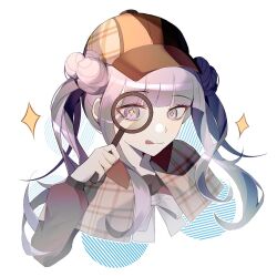 1girl bow closed_mouth deerstalker diamond-shaped_pupils diamond_(shape) eyelashes female_focus hat holding holding_magnifying_glass long_hair long_sleeves magnifying_glass matching_hair/eyes pink_eyes pink_hair red_shirt shirt simple_background solo solo_focus symbol-shaped_pupils the_hundred_line_-last_defense_academy- tongue tongue_out tsukumo_kako twintails white_background white_bow