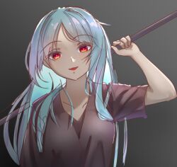 1girl blue_hair degtyaryov2952 dress enri_louvre grey_dress holding holding_weapon long_hair naraku naraku_1 red_eyes smile solo upper_body weapon