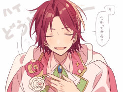 1boy brooch closed_eyes ensemble_stars! facing_viewer flower_brooch hand_on_own_chest highres isara_mao jewelry lower_teeth_only male_focus official_alternate_costume open_mouth red_hair short_hair smile solo speech_bubble teeth upper_body white_background zu_tonatuyasumi