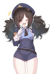 Rule 34 | 1girl, :d, absurdres, azur lane, black hair, black necktie, blue hat, blush, breasts, commentary, covered navel, gloves, gluteal fold, hair ornament, hairclip, hand up, hat, highres, looking at viewer, low twintails, medium hair, mikuchi3939, multicolored hair, necktie, notice lines, official alternate costume, one eye closed, open mouth, peaked cap, police, police hat, police uniform, policewoman, red eyes, red hair, red streaks, sharp teeth, simple background, small breasts, smile, solo, teeth, twintails, u-37 (azur lane), u-37 (safekeeper of the streets) (azur lane), v, white background, white gloves
