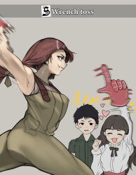Rule 34 | 1boy, 2girls, abella (fear &amp; hunger), armpits, black eyes, black hair, black ribbon, brown hair, brown tank top, closed eyes, commentary request, english text, face piercing, fear &amp; hunger (series), fear &amp; hunger 2: termina, gameplay mechanics, gloves, green jumpsuit, grey background, heart, highres, jumpsuit, levi (fear &amp; hunger), long hair, low-tied long hair, marina (fear &amp; hunger), minami no uo-za, motion blur, mouth piercing, multiple girls, neck ribbon, overalls, piercing, red gloves, red hair, ribbon, shirt, shirt tucked in, simple background, single glove, small sweatdrop, tank top, throwing, white shirt, yellow overalls