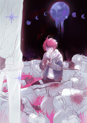 6+boys absurdres ahoge aotsuki_eito arms_behind_back black_gloves black_streaks blood blood_on_clothes blood_on_face blood_on_hands bloody_knife bloody_tears blue_eyes blue_jacket chinese_commentary clone corpse crescent_moon full_moon gibbous_moon glasses gloves grey_eyes grey_hair grey_jacket heterochromia highres hood hoodie injury jacket jacket_over_hoodie knife looking_ahead male_focus moon moon_phases multicolored_hair multicolored_jacket multiple_boys out_of_frame red_hair short_hair shuimu_guan smile spoilers streaked_hair sumino_takumi the_hundred_line_-last_defense_academy- two-tone_jacket white_hoodie white_jacket