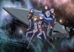 Rule 34 | animal, blue hair, brown hair, cat, elf, floating hair, highres, holding, holding animal, holding cat, jinto, kikuta kouichi, lafiel, long hair, pointy ears, seikai no senki, space, spacecraft