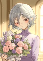 Rule 34 | 1boy, bags under eyes, black eyes, blush, bouquet, dungeon meshi, elf, flower, grey hair, highres, holding, holding bouquet, lazy eye, long sleeves, male focus, mayomayoland, mithrun, notched ear, pointy ears, shirt, short hair, smile, solo, uneven eyes, upper body, wavy hair, window