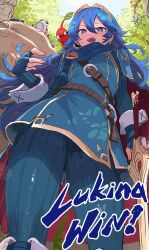1girl absurdres belt belt_buckle blue_cape blue_eyes blue_gloves blue_hair blush brand_of_the_exalt brown_belt buckle bulborb cameltoe cape character_name creature creature_on_shoulder crossover english_text engrish_text falchion_(fire_emblem) fingerless_gloves fire_emblem fire_emblem_awakening from_below gloves highres holding ishijimajirou leather_belt long_hair looking_at_viewer lucina_(fire_emblem) nintendo on_shoulder open_mouth pikmin_(creature) pikmin_(series) ranguage red_cape red_pikmin ribbed_pants ribbed_sleeves smile super_smash_bros. sweat sweatdrop sword thighs tiara tree two-tone_cape weapon wrist_cuffs