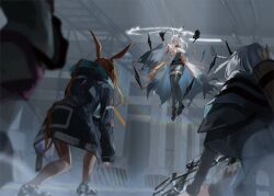 4girls amiya_(arknights) animal_ears arknights arrow_(projectile) black_capelet black_coat black_gloves blaze_(arknights) bow_(weapon) brown_hair capelet coat commentary dress facing_away frostnova_(arknights) full_body gloves grey_dress grey_hair grey_thighhighs greythroat_(arknights) hashtag-only_commentary highres holding holding_bow_(weapon) holding_own_arm holding_weapon indoors knee_pads kneeling long_hair magic multiple_girls nanase_(nanase_cg) pillar quiver rabbit_ears thighhighs torn_clothes torn_coat weapon white_coat white_footwear white_hair
