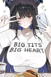 1girl asymmetrical_horns black_hair blue_hair breasts burger colored_inner_hair cup demon_horns disposable_cup ewn food french_fries highres holding holding_phone hololive hololive_english horns huge_breasts large_breasts long_hair looking_at_viewer mole mole_under_eye multicolored_hair nerissa_ravencroft phone red_eyes second-party_source shirt short_sleeves simple_background sparkle t-shirt two-tone_hair v v_over_eye virtual_youtuber white_background white_shirt