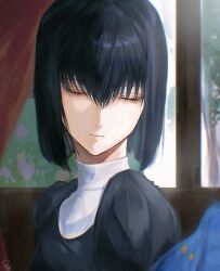 1girl bird black_dress closed_eyes closed_mouth dress highres kuonji_alice mahou_tsukai_no_yoru pppeipeipipi short_hair solo tagme tree window