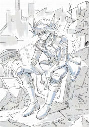 1boy fudo_yusei full_body fushitasu jacket limited_palette looking_at_viewer male_focus medium_hair multicolored_hair open_clothes open_jacket pants partially_colored shirt sitting solo spiked_hair streaked_hair yu-gi-oh! yu-gi-oh!_5d&#039;s