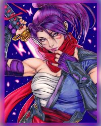Rule 34 | 1girl, ariel diaz, highres, holding, holding sword, holding weapon, looking at viewer, marvel, ponytail, psylocke, purple eyes, purple hair, solo, sword, weapon
