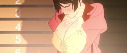 1girl :o angry animated anime_screenshot arms_up blush breasts brown_hair closed_eyes clothes female_focus hanekawa_tsubasa huge_breasts interior long_hair looking_at_viewer monogatari_(series) open_mouth ponytail solo sound video