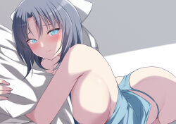1girl absurdres bare_shoulders blue_eyes blush breasts chimunge collarbone grey_hair hair_ribbon highres hug hugging_object looking_at_viewer lying medium_hair panties pillow pillow_hug ribbon senran_kagura senran_kagura_estival_versus senran_kagura_shinovi_versus sideboob simple_background smile solo tank_top thighhighs underwear yumi_(senran_kagura)
