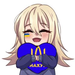 1girl black_choker blonde_hair blue_sweater blush choker closed_eyes facepaint hair_between_eyes happy heart heart-shaped_pillow henna_(hentaiukr) hentaiukr holding holding_pillow idi_nahui korzynka_persykiv long_hair non-web_source off_shoulder open_mouth pillow solo sticker sweater tongue transparent_background ukrainian_flag
