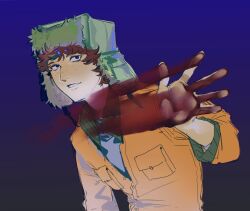 Rule 34 | 1boy, black background, blood, blood on hands, blue background, blush, breast pocket, buttons, freckles, fur-trimmed headwear, fur trim, gradient background, green eyes, green hat, hand up, hat, highres, jacket, kugai697139, kyle broflovski, long sleeves, looking at viewer, male focus, messy hair, orange jacket, pocket, red hair, short hair, smile, solo, south park, sweater, teeth, turtleneck, turtleneck sweater, two-tone background, upper body, white background, white sweater