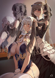 2girls azur_lane bad_id bad_pixiv_id bare_shoulders between_breasts black_dress blush braid breast_curtains breasts china_dress chinese_clothes cleavage club3 dress earrings formidable_(azur_lane) frilled_dress frills garter_straps gloves grey_dress grey_hair grin hair_ribbon half_gloves highres holding holding_own_hair jewelry large_breasts long_hair mirror multiple_girls neckwear_between_breasts open_mouth red_eyes reflection revealing_clothes ribbon short_hair side_braid side_slit sirius_(azur_lane) sirius_(azure_horizons)_(azur_lane) sitting smile thighhighs thighs twintails two-tone_dress two-tone_ribbon very_long_hair white_gloves white_hair white_legwear