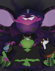 1other 3boys :3 bird black_eyes blank_eyes bright_pupils colored_sclera evil_grin evil_smile fezandipiti gen_9_pokemon grin highres legendary_pokemon multiple_boys munkidori nintendo no_humans okidogi pecharunt pokemon pokemon_(creature) shaded_face smile smug tanpopo_(ilovetampopo) white_pupils yellow_sclera