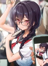 ahoge arm_up black-framed_eyewear black_bra black_hair black_sailor_collar blush bra braid breasts cellphone cleavage closed_mouth full-length_mirror glasses hair_between_eyes highres holding holding_phone lace lace-trimmed_bra lace_trim long_hair looking_at_viewer medium_breasts megane-chan_(yufou) mirror mirror_selfie navel neckerchief open_clothes open_skirt original panties phone phone_over_face pink_eyes red_neckerchief reflection reflection_focus sailor_collar school_uniform selfie serafuku shirt short_sleeves skirt smartphone smile stomach subway taking_picture train_interior twin_braids underwear white_shirt yufou