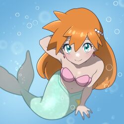 1girl absurdres air_bubble arm_behind_head bare_shoulders bikini blush breasts bubble cleavage closed_mouth collarbone earrings eyelashes female_focus green_eyes hair_between_eyes hair_ornament highres jewelry long_hair looking_at_viewer mermaid mermaid_misty_(pokemon) misty_(pokemon) monster_girl monsterification muis0802 navel nintendo orange_hair pokemon pokemon_(anime) pokemon_(classic_anime) ponytail seashell shell shell_bikini smile solo swimsuit underwater water