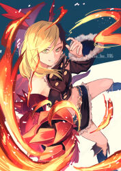 1girl black_boots black_hair black_jacket black_skirt blonde_hair boots breasts crop_top detached_sleeves fire fur-trimmed_skirt fur_trim gauntlets green_eyes head_wings highres jacket kaya_(princess_connect!) long_hair midriff multicolored_hair princess_connect! sho_bu_1116 single_gauntlet skirt sleeveless sleeveless_jacket small_breasts solo tail twitter_username two-tone_hair watermark wings