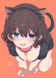 1girl :3 :d animal_ear_fluff animal_ear_hairband animal_ears arm_support bell black_hairband black_shirt blue_eyes blush breasts breasts_squeezed_together brown_hair cat_ear_hairband cat_ears cleavage collar collarbone commentary_request double-parted_bangs fake_animal_ears from_above full_body hair_between_eyes hairband highres jingle_bell kneeling looking_at_viewer medium_breasts medium_hair messy_hair mochigome_(ununquadium) neck_bell open_mouth orange_background original pumpkin red_collar shirt simple_background smile solo sweat v-neck