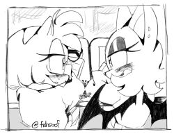 2girls amy_rose animal_ears bat_ears bat_wings blush commentary english_commentary fishsoof furry furry_female half-closed_eyes lineart looking_at_another multiple_girls rouge_the_bat signature sitting smile sonic_(series) wings