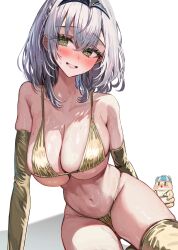 1girl absurdres animal bikini blush breasts clothed_animal gold_bikini gold_thighhighs golden_week green_eyes grey_hair highres hololive large_breasts medium_hair navel rum_raisin_(chihiromakita19) shirogane_noel simple_background solo_focus sweat swimsuit virtual_youtuber white_background