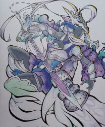 1girl armor bare_shoulders black_gloves blue_trim bodysuit colored_skin dragon_horns dragon_mask duel_monster dynamic_pose facing_to_the_side fujisa_ki_seina gauntlets gloves grey_eyes helmet highres holding holding_sword holding_weapon horns japanese_clothes kimono knees_up leg_armor looking_ahead looking_to_the_side pleated_skirt purple_skirt purple_trim shoulder_armor skirt sword swordsoul_of_mo_ye traditional_media turning_head weapon white_arm_warmers white_armor white_background white_hair white_helmet white_kimono yu-gi-oh!