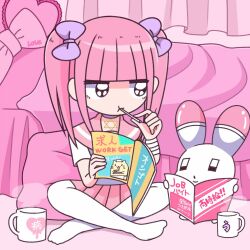 1girl animal bed black_eyes blunt_bangs bow candy coffee coffee_mug collar cup ezaki_bisuko food hair_bow heart heart-shaped_pillow hexagram holding holding_candy holding_food holding_lollipop holding_magazine jewelry lollipop magazine_(object) menhera-chan_(ezaki_bisuko) menhera-chan_(ezaki_bisuko)_(character) mug necklace pillow pink_hair pink_ribbon pink_sailor_collar pink_skirt pleated_skirt purple_bow purple_collar rabbit ribbon sailor_collar skirt socks solo star_of_david steam twintails usatan_(ezaki_bisuko) white_socks